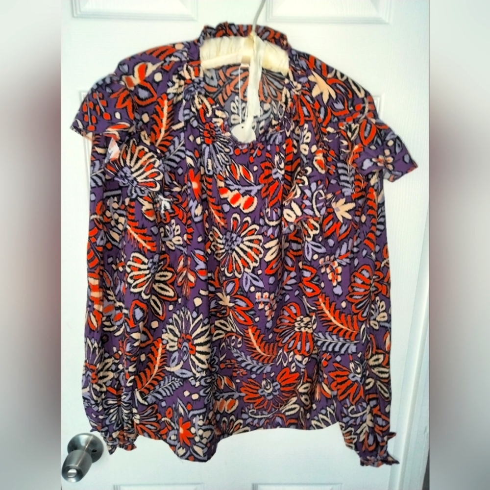 Floral Purple and Orange Women's Top Oddi NWT Ruffles At Shoulders Large